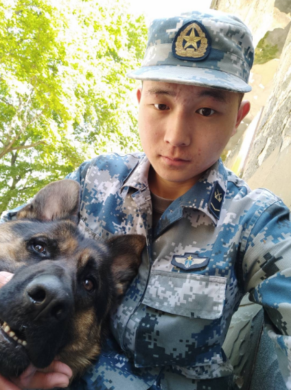 这张图片展示了一位身着迷彩作训服、佩戴带警徽标识军帽的人员,正抱着一只德牧犬,背景是户外的树木,该图片搭配新狗到家7天指南内容,直观呈现了人与犬的亲密状态,契合文档中狗狗照料相关的温馨主题。