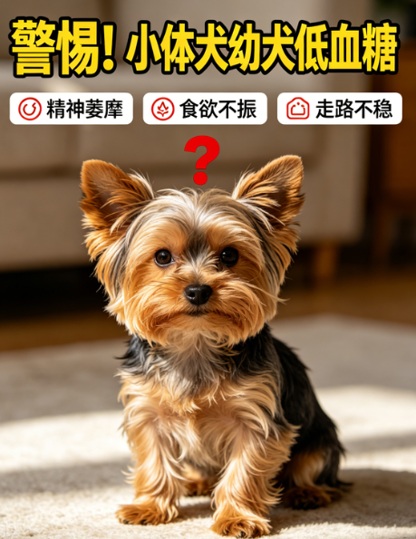 图片是一只毛色为棕黑相间的幼犬,背景为室内环境。图片上方有大字“警惕!小体犬幼犬低血糖”,并配有三个图标,分别对应“精神萎靡”“食欲不振”“走路不稳”三个症状。图片下方有一个红色问号。该图片与文档中“小体犬特别注意:备红糖水防低血糖,穿件小衣服保暖。第一天别洗澡!”的内容相关,提醒小体犬幼犬到家后要特别注意低血糖问题,以防出现精神萎靡、食欲不振、走路不稳等症状。