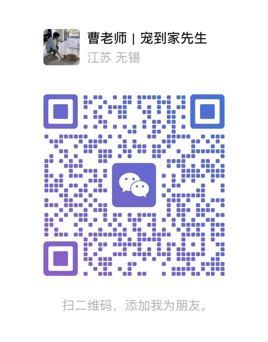 这张图片展示了用于添加咨询者的微信二维码信息,图片上方标注了联系人名称“曹老师 | 明汪星”以及所在地区“江苏 无锡”,二维码中间带有微信标志性的对话气泡图标,图片底部配有提示文字“扫二维码,添加我为朋友”。该图片对应文档中“联系我,一对一帮你解决”的内容,用于向有需求的宠物主人提供微信咨询渠道,主人可扫描图中二维码添加联系人,解决狗狗饲养相关的问题。