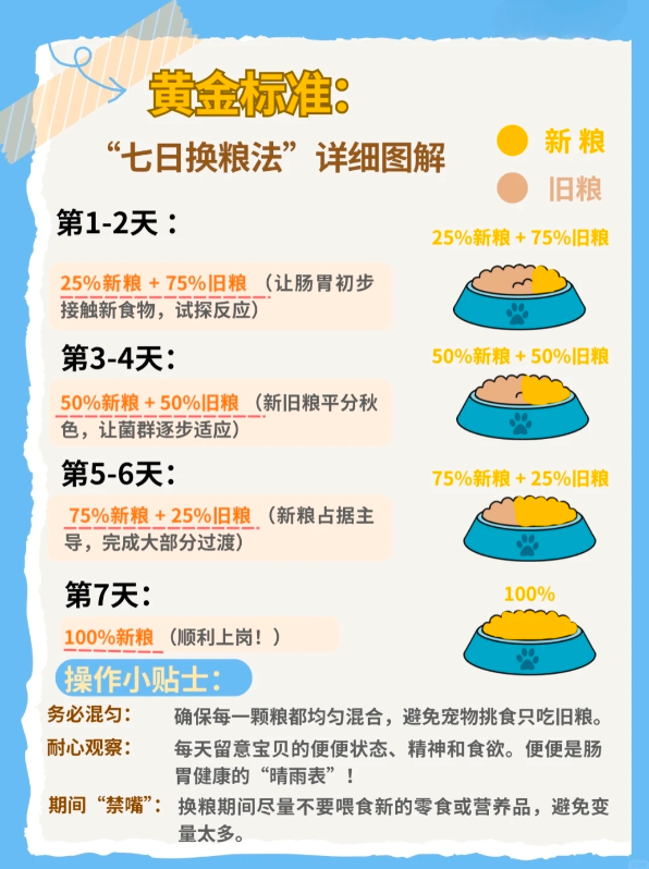 图片是“七日换粮法”详细图解,以图表形式呈现换粮过程。第1 - 2天,25%新粮 + 75%旧粮;第3 - 4天,50%新粮 + 50%旧粮;第5 - 6天,75%新粮 + 25%旧粮;第7天,100%新粮。还标注了新粮(黄色)、旧粮(橙色)的标识。操作小贴士包括务必混匀、耐心观察、期间“禁嘴”等内容,确保换粮顺利进行。该图与文档中换粮怎么换的上下文对应,直观展示换粮步骤及比例。