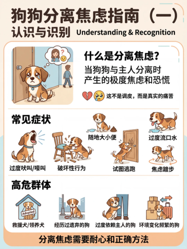 图片是关于狗狗分离焦虑的认识与识别指南。上方说明分离焦虑是狗狗与主人分离时产生的极度焦虑和恐慌。常见症状包括过度吠叫/嚎叫、破坏性行为、随地大小便、试图逃跑、过度流口水、焦虑踱步等。高危群体有救援犬/领养犬、经历过遗弃的狗、过度依赖主人的狗、环境变化频繁的狗。图片与上下文紧密相关,是对乱叫问题中分离焦虑原因的直观说明。