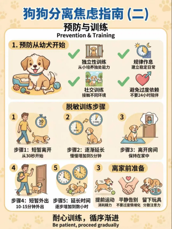 图片是关于狗狗分离焦虑的预防与训练指南。分为预防从幼犬开始、脱敏训练步骤及离家前准备三部分。预防从幼犬开始,包括独立性训练、规律作息、社交训练等;脱敏训练步骤有短暂离开、逐渐延长等5个步骤;离家前准备包括提前运动、平静告别等。图片与上下文紧密相关,是对上下文提到的分离焦虑预防与训练方法的直观呈现。