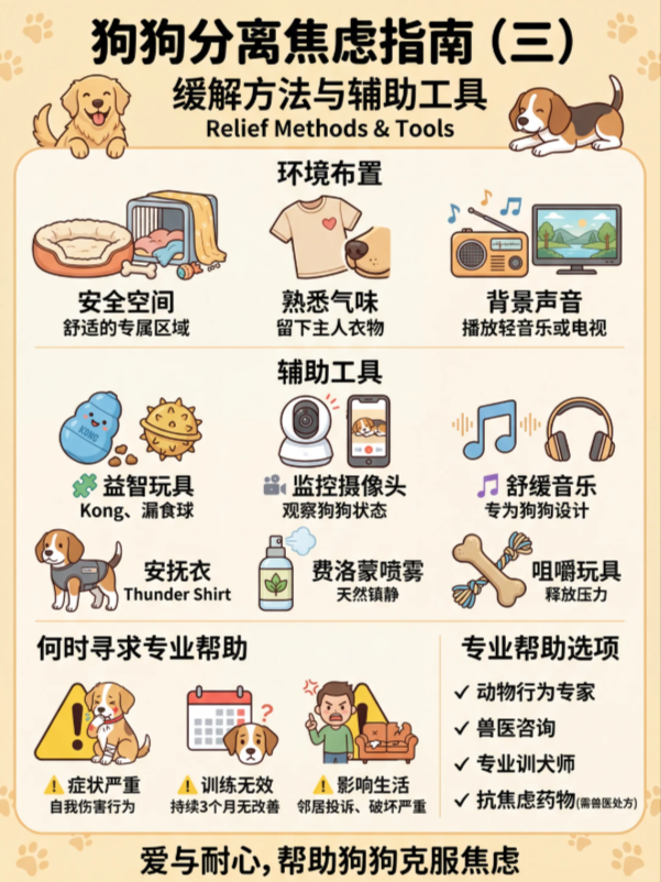图片是狗狗分离焦虑缓解方法与辅助工具指南,分为环境布置、辅助工具、何时寻求专业帮助三部分。环境布置包括安全空间、熟悉气味、背景声音;辅助工具涵盖益智玩具、监控摄像头、安抚衣、咀嚼玩具等;专业帮助选项有动物行为专家、兽医咨询、专业训犬师、抗焦虑药物等。图片与上下文紧密相关,是对上文分离焦虑问题解决方法的总结与补充。